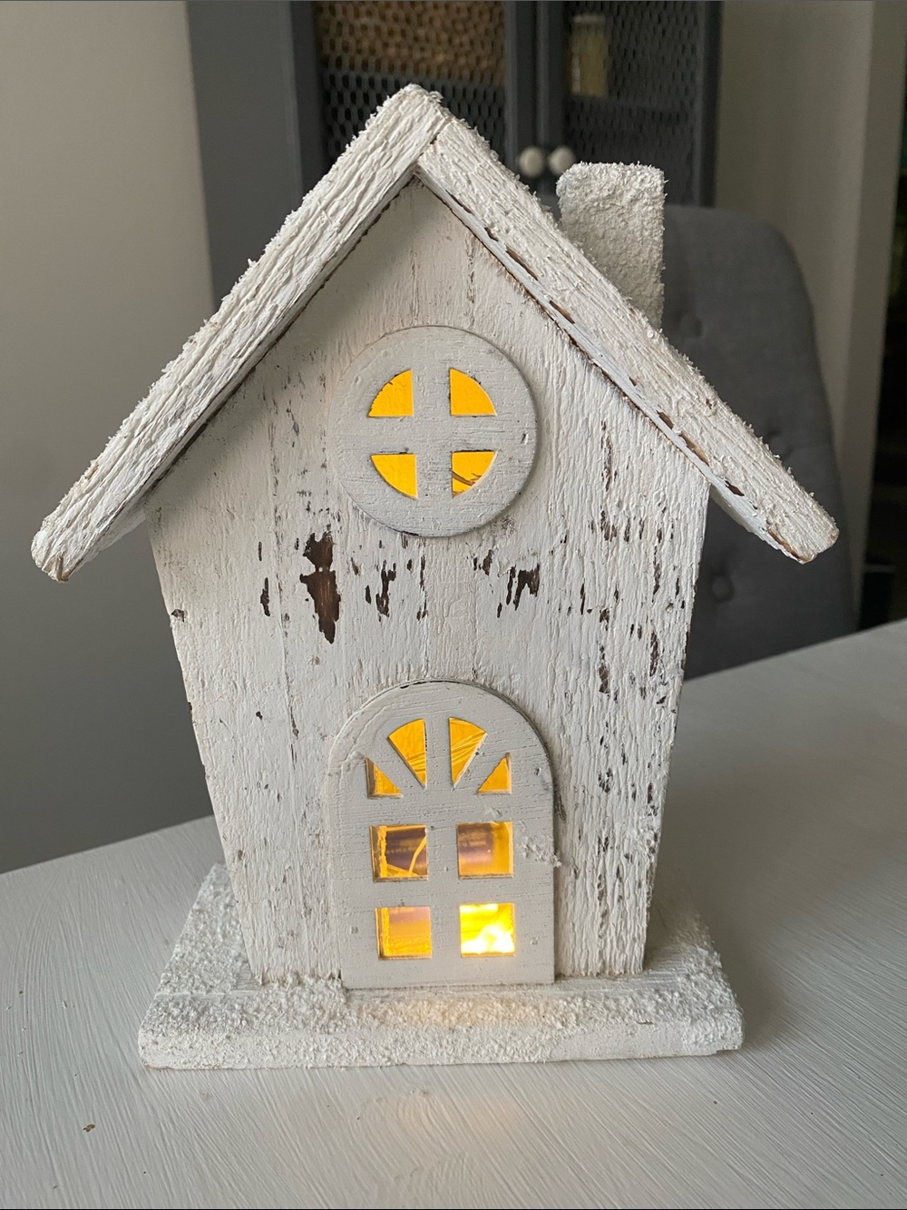 Distressed White Washed Wooden Snow Covered House with Lights